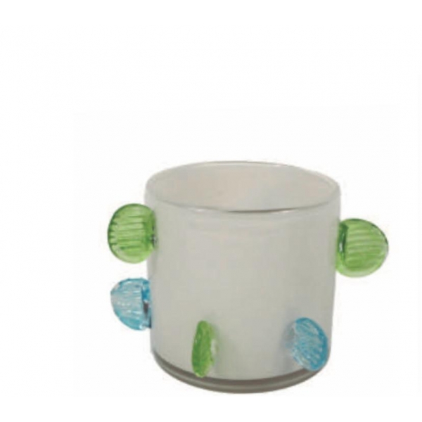 Vaso Vidro Branco com Relevo Azul e Verde 14,5x10cm