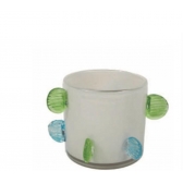 Vaso Vidro Branco com Relevo Azul e Verde 14,5x10cm