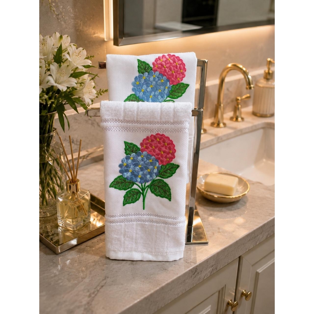 Kit com 2 toalhas de Lavabo Bordadas Hortênsias