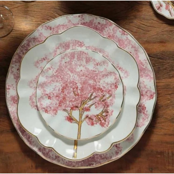 Prato de Sobremesa Ipê Rosa Filete Dourado