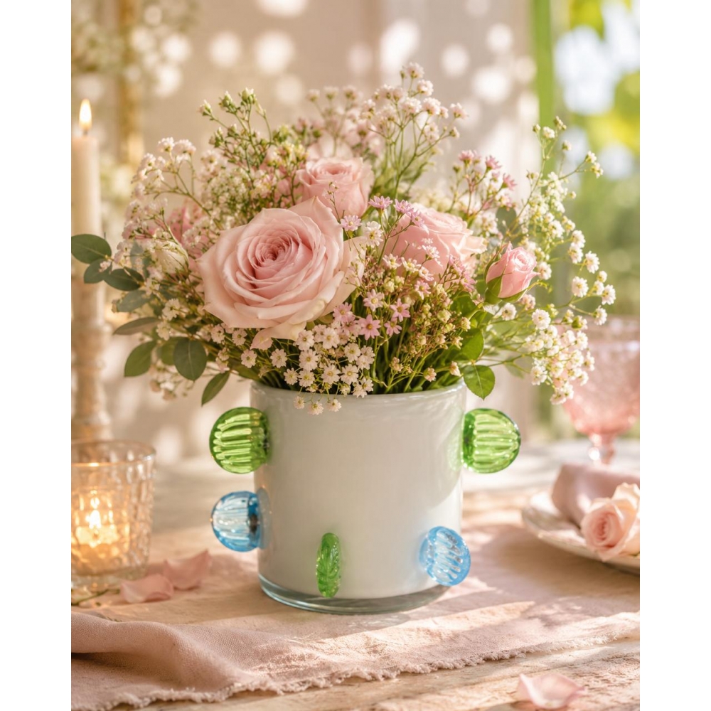 Vaso Vidro Branco com Relevo Azul e Verde 14,5x10cm
