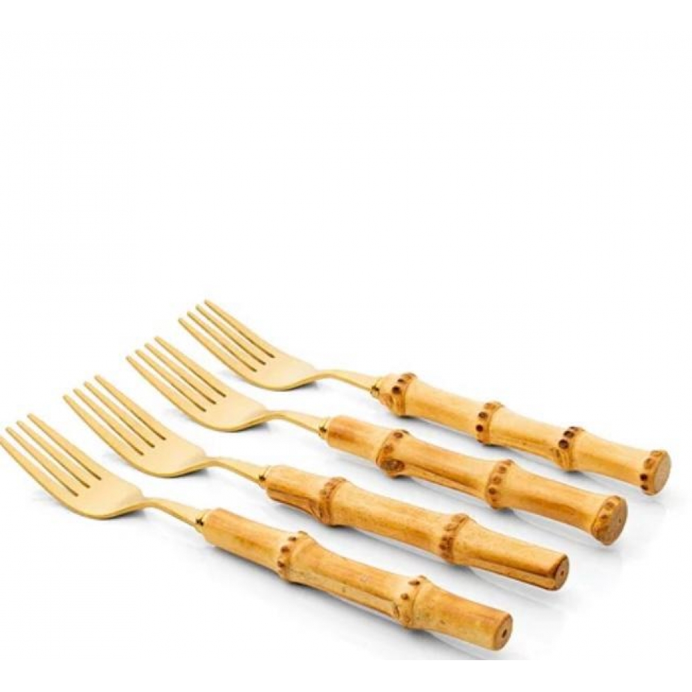 Conjunto de Talheres de Sobremesa 4 Peças Bambu Natural Garfo Gold