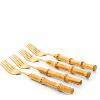 Conjunto de Talheres de Sobremesa 4 Peças Bambu Natural Garfo Gold